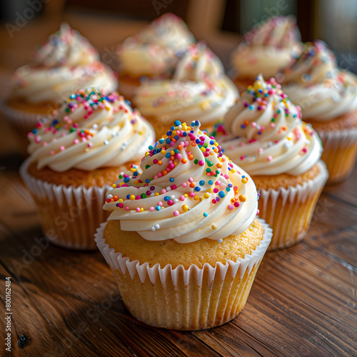 Assorted cupcakes with frosting and sprinkles on wooden table