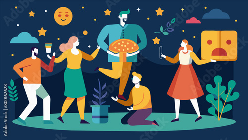 A theater improvisation workshop for neurodivergent adults using games and exercises to encourage spontaneous and imaginative expression.. Vector illustration