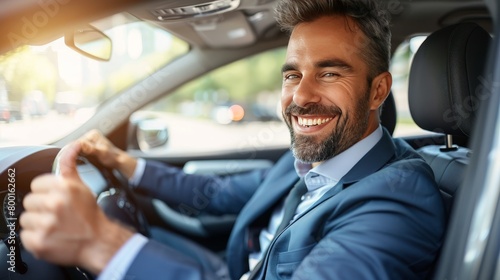 Elegant businessman in suit driving luxury car, smiling and giving thumbs up gesture, close up view © Ilja