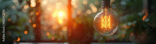 A close-up of a glowing light bulb with a sunset in the background. photo