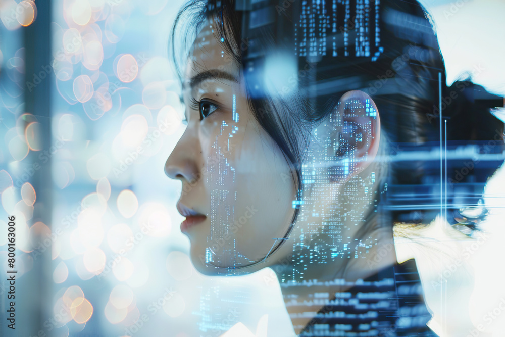 Futuristic portrait of Asian girl with glowing data visualization ...