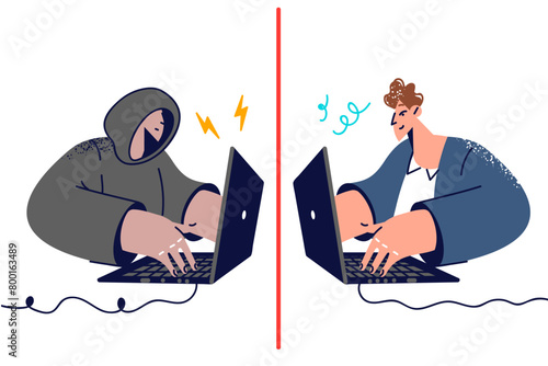 Hacker uses social engineering by communicating with company employee via laptop