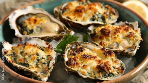 A decadent take on the classic dish  featuring oysters baked with a creamy spinach and Pernod topping. 