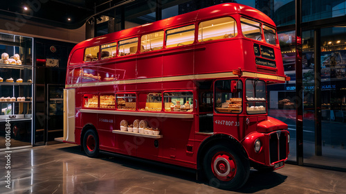 a red double-decker bus with cream-colored windows. The bus is in a large room with a tiled floor.