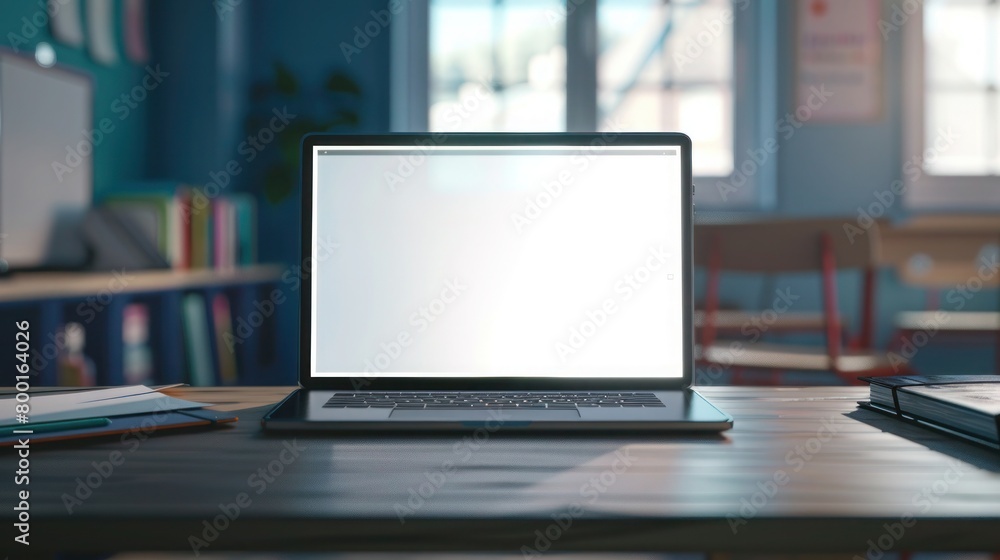 Mockup image of laptop with blank white screen on the table by the notebooks and textbooks in cozy school classroom environment furnishings Mockup image of laptop with blank white screen on the table by the notebooks and textbooks in cozy school classroom environment furnishings