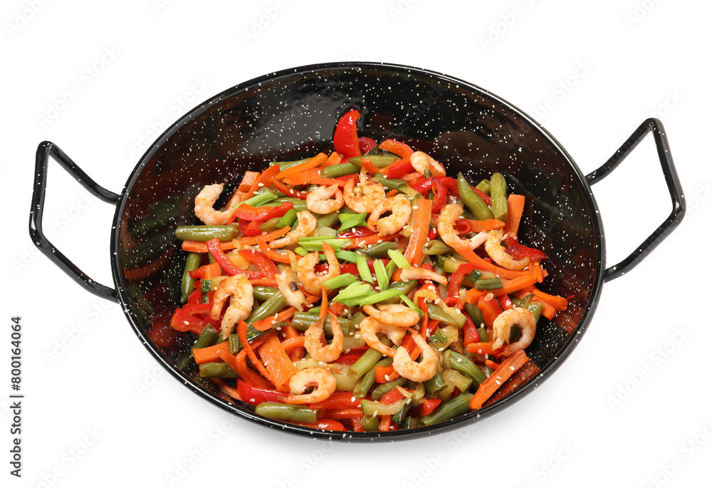 Shrimp stir fry with vegetables in wok on white background Shrimp stir fry with vegetables in wok on white background