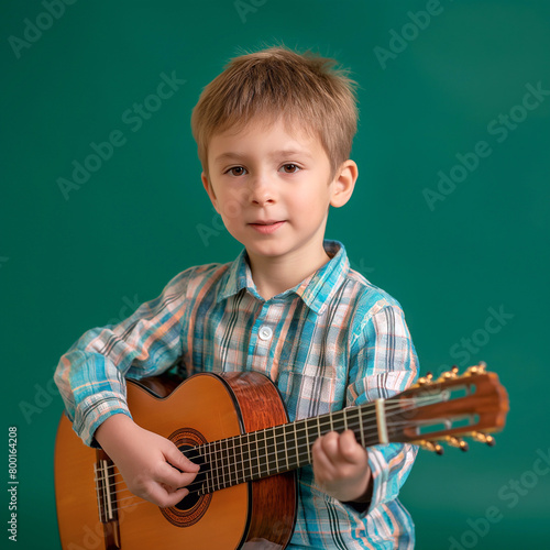 Portrait of little boy learning to play classic guitar