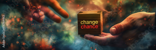 The concepts of change and chance represented by the alteration of wording on wooden blocks between hands