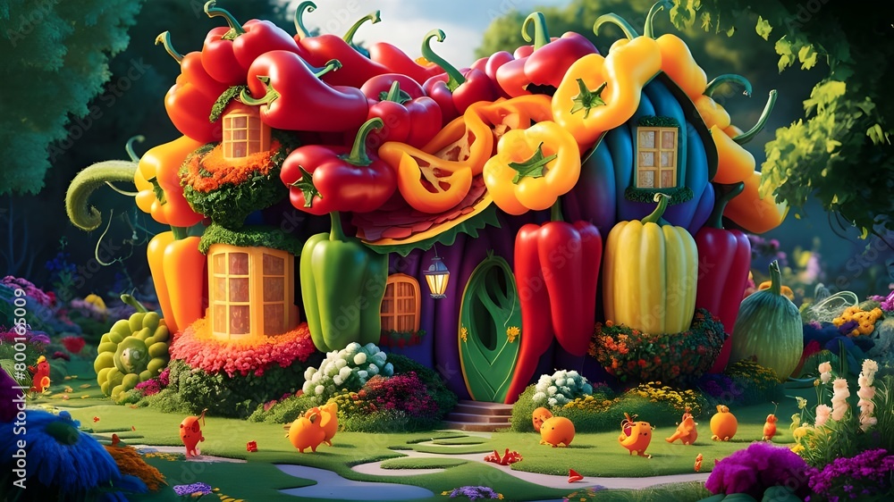 Fototapeta premium A picture of a house with a garden and vegetables.