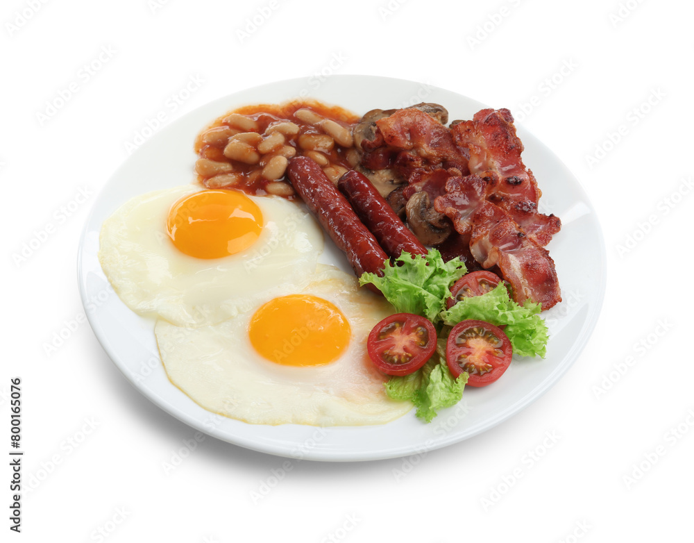 Delicious breakfast with sunny side up eggs isolated on white Delicious breakfast with sunny side up eggs isolated on white