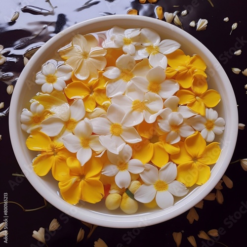 beautiful Yellow and white flowers float in the water. in a white bowl for decorating spa massage shops.