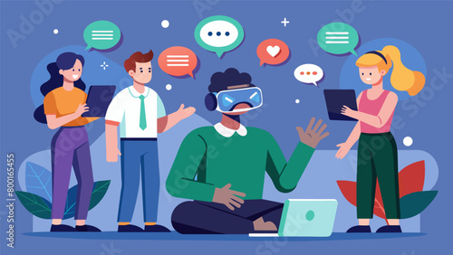 A virtual reality program where individuals with social anxiety can practice initiating and maintaining conversations with virtual characters.. Vector illustration