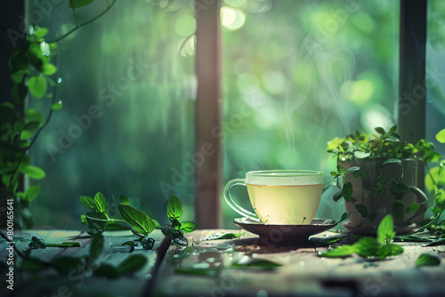 A refreshing morning scene with a green tea cup in a garden setting, surrounded by flowers and greenery The teacup is placed on a wooden table with a saucer, conveying a sense of peace and tranquility photo