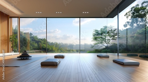 A sleek yoga studio with bamboo flooring and panoramic windows. © Aeman