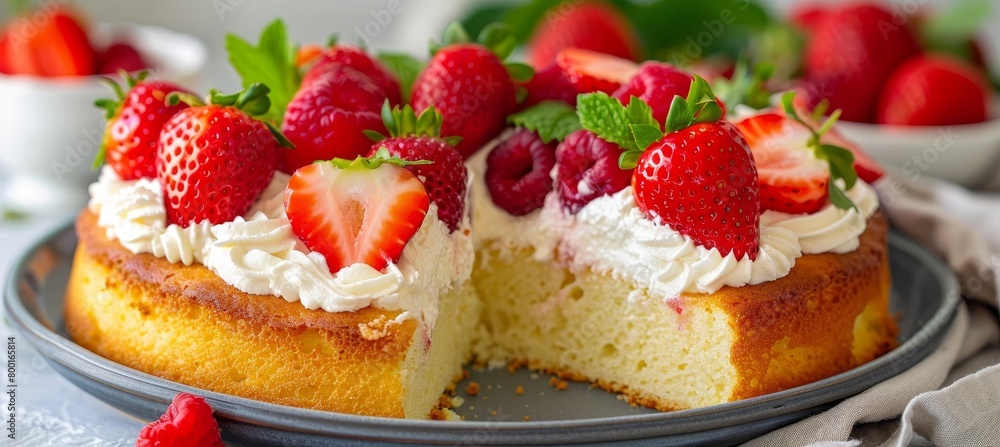 Homemade strawberry sponge cake slice with fresh berries and whipped cream on plate Homemade strawberry sponge cake slice with fresh berries and whipped cream on plate