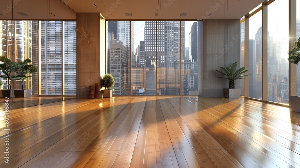 Obraz premium A sleek yoga studio with bamboo flooring and panoramic windows.