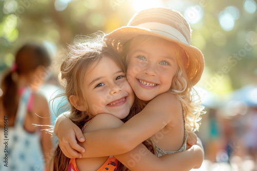 two Happy funny girls sisters hugging and laughing