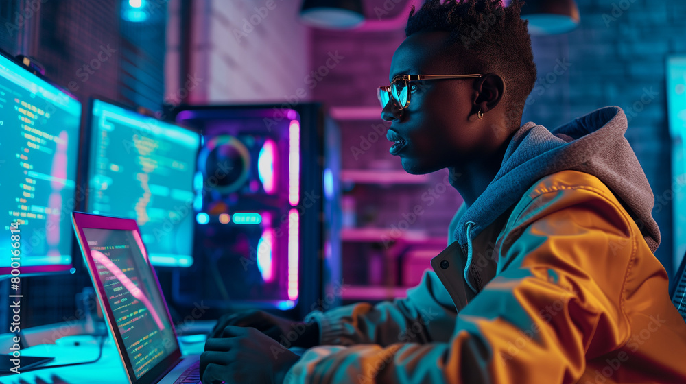 A Ghanaian computer programmer coding late into the night, surrounded by glowing monitors, a lit workspace with neon accents and futuristic gadgets, the dedication of the programmer's work ethic. 