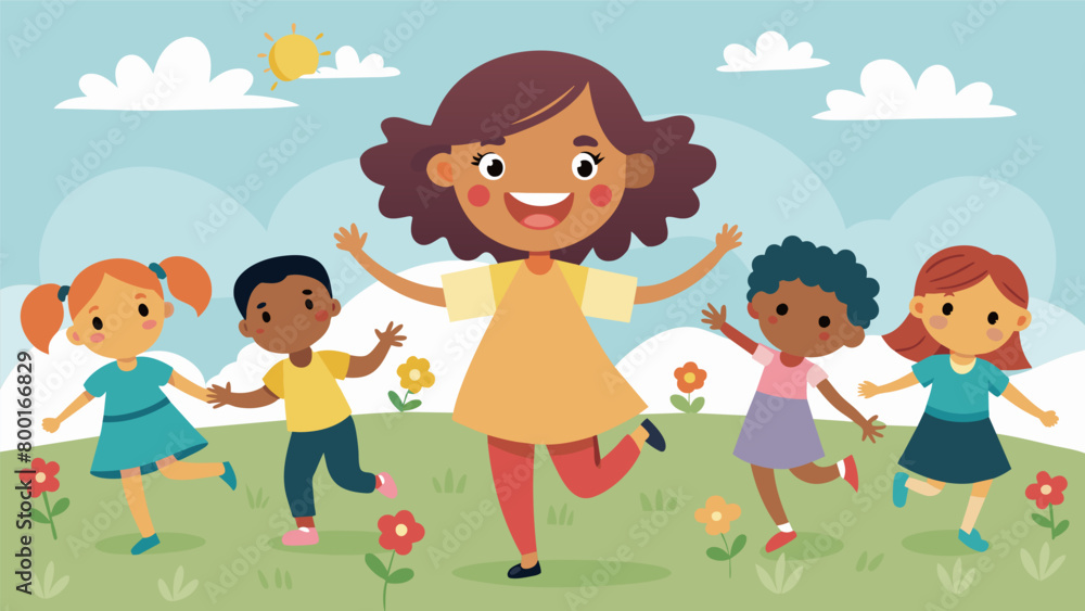 A young girl smiling with pride as she shows off her drawing of a group of diverse children holding hands and running freely through a field.. Vector illustration A young girl smiling with pride as she shows off her drawing of a group of diverse children holding hands and running freely through a field.. Vector illustration