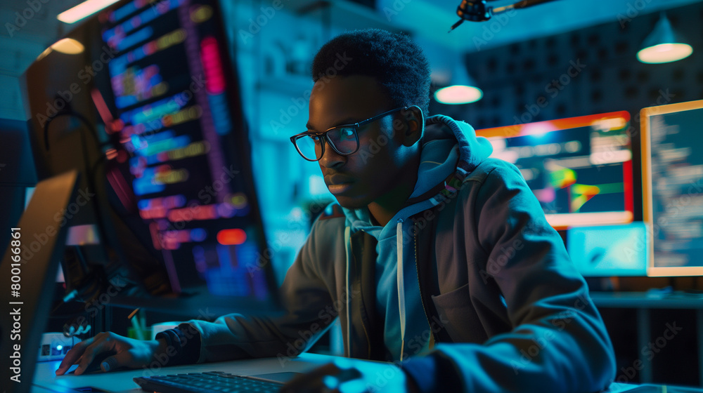 A Black computer programmer coding late into the night, surrounded by glowing monitors, a lit workspace with neon accents and futuristic gadgets, the dedication of the programmer's work ethic. A Black computer programmer coding late into the night, surrounded by glowing monitors, a lit workspace with neon accents and futuristic gadgets, the dedication of the programmer's work ethic.
