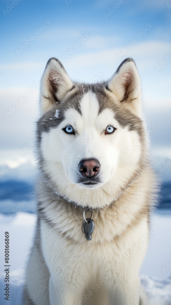 A white dog with blue eyes is standing in the snow