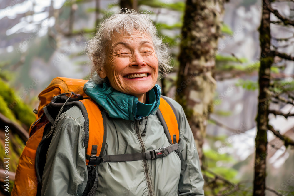 Happy elderly woman backpacking in a forest, enjoying her adventure with a big smile. Happy elderly woman backpacking in a forest, enjoying her adventure with a big smile.