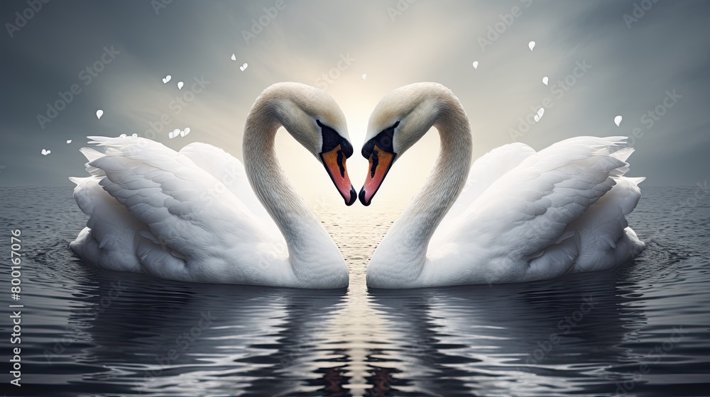 Fototapeta premium Two swans are swimming in a lake, their heads touching