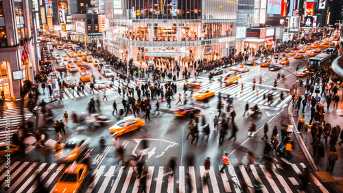 A vibrant image of bustling Times Square at night, showcasing the energy of the city with moving pedestrians and taxis. photo