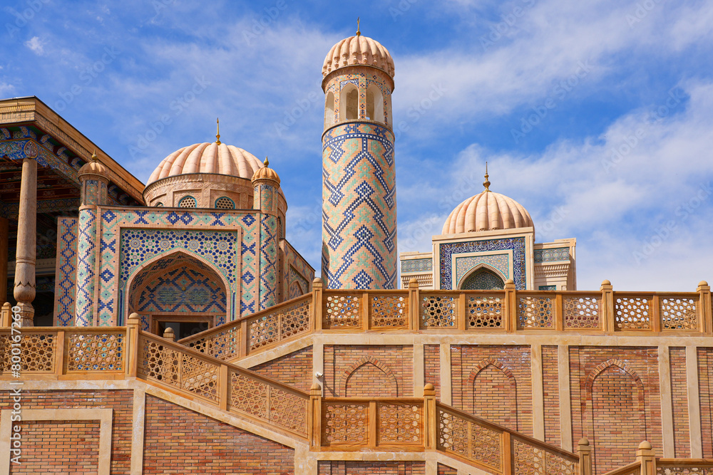 Minaret of the Hazrat Khizr Mosque next to the Mausoleum of Islam Karimov in Samarkand, Uzbekistan - He was  the president of the Uzbek Soviet Socialist Republic from 1989 until his death in 2016