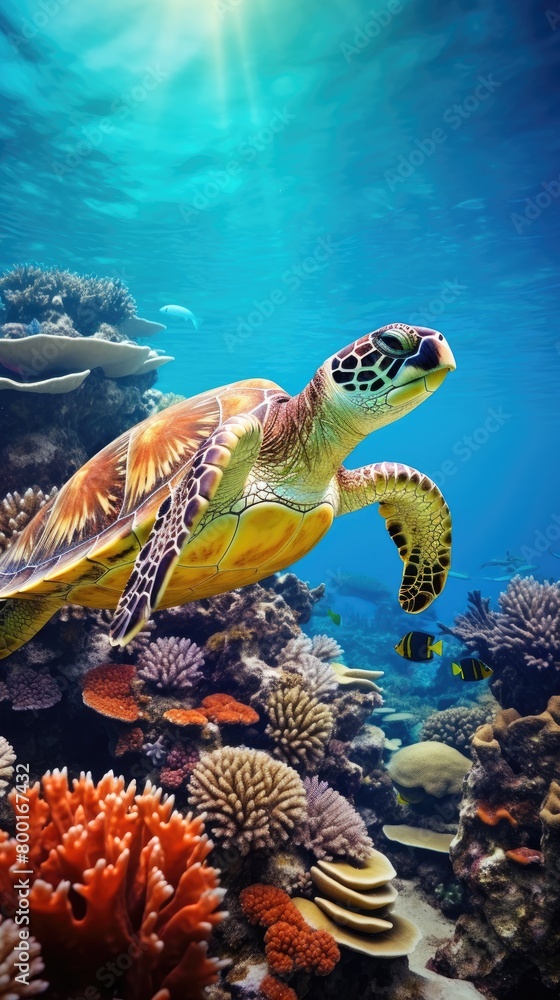 Obraz premium A turtle is swimming in the ocean with a school of fish