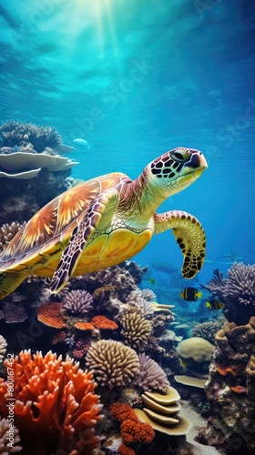 A turtle is swimming in the ocean with a school of fish © Vasilisa