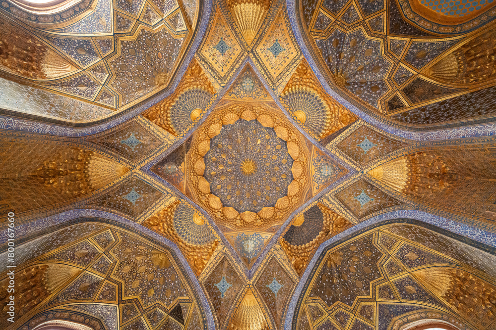 Ornate ceiling of the Aksaray Mausoleum built in the 15th century under the Timurid Empire in Samarkand, Uzbekistan, Central Asia