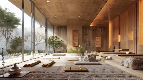 A tranquil yoga studio with calming colors and natural materials. © Aeman