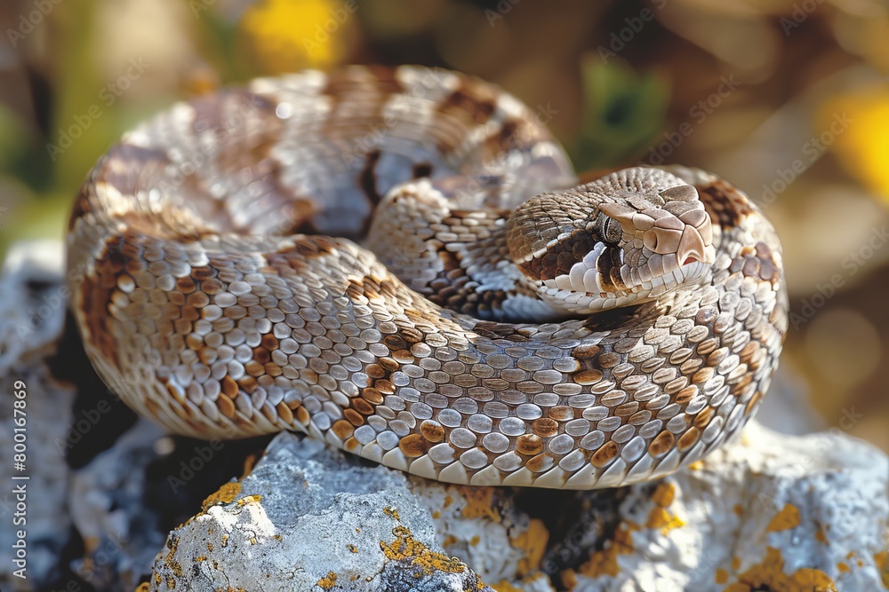 Fototapeta premium Western Diamondback Rattlesnake: Coiled in a defensive posture, rattling its tail, emphasizing danger. 