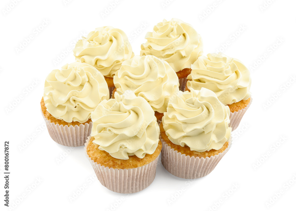 Tasty vanilla cupcakes with cream isolated on white Tasty vanilla cupcakes with cream isolated on white