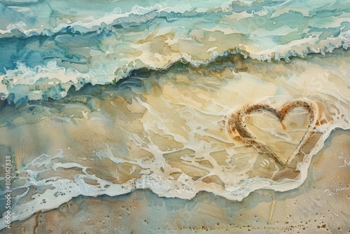 Draw a heart shape on the beach sand. Have fun and have a happy holiday. watercolor painting. Use for wallpaper, posters, postcards, brochures.