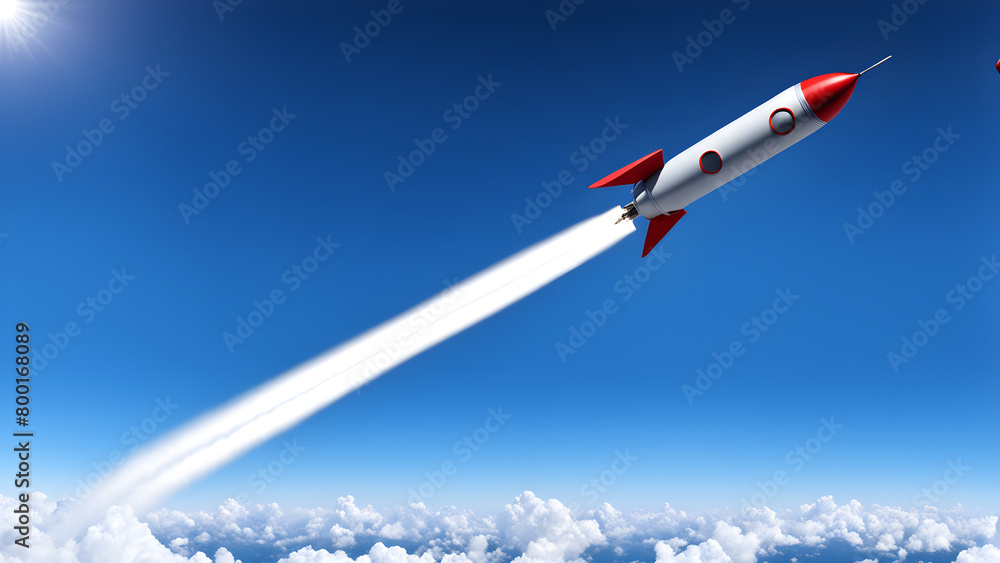 A rocket being launched against a blue sky background, manned spaceflight, science and technology, aerospace, space exploration A rocket being launched against a blue sky background, manned spaceflight, science and technology, aerospace, space exploration