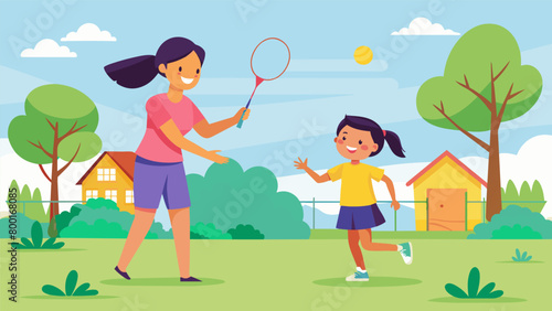 A mother and daughter playing a game of badminton in their backyard giggling and competing playfully as they connect over the sport..