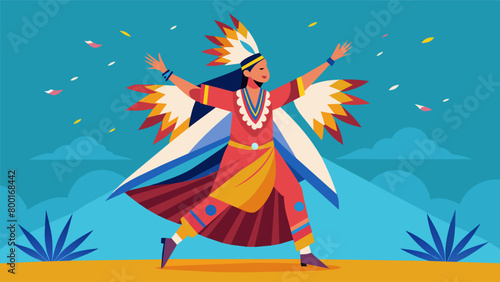 A Native American dancer performs a traditional dance at a powwow connecting with her ancestors through the movements and music.. Vector illustration