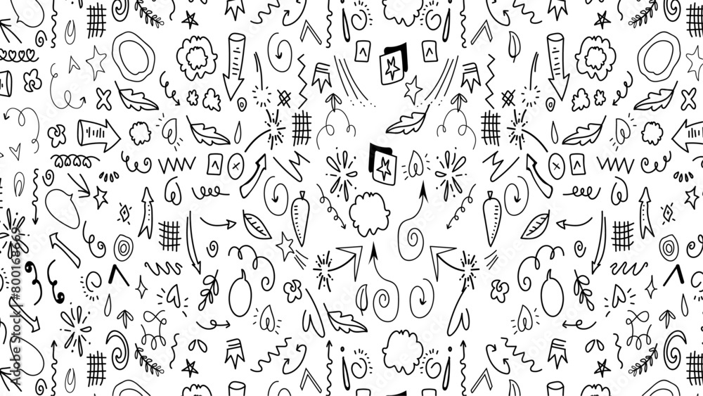 Doodle cute glitter pen line elements. Doodle decoration symbol set icon. Simple sketch line style emphasis, attention, pattern elements. Vector illustration.