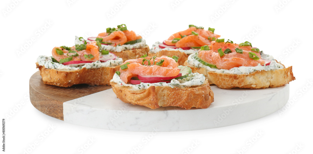 Tasty canapes with salmon, cucumber, radish and cream cheese isolated on white Tasty canapes with salmon, cucumber, radish and cream cheese isolated on white