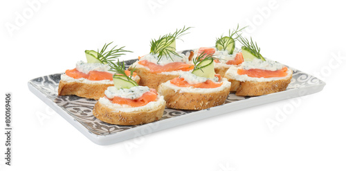 Tasty canapes with salmon, cucumber, cream cheese and dill isolated on white