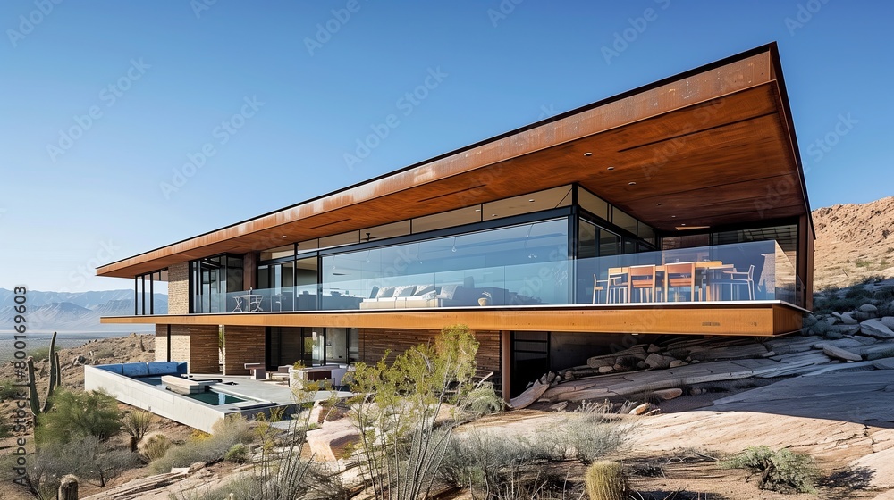 Modernist desert home with a cantilevered design and expansive desert vistas
