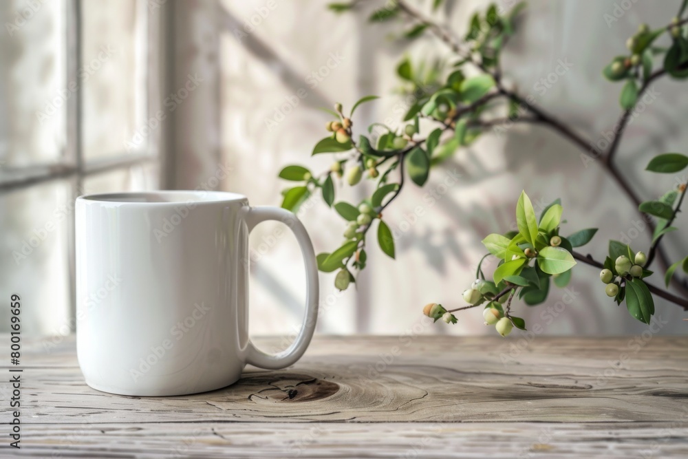 White Blank Mug Mockup in Photographic Scene created with Generative AI White Blank Mug Mockup in Photographic Scene created with Generative AI