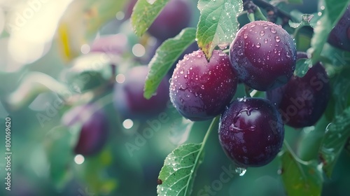Fresh Ripe Plums on the Tree After Rain, Water Droplets Glistening, Nature's Bounty. Vibrant Purple Fruit Ready for Harvest, Organic Farming Concept. AI photo