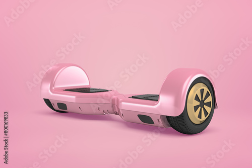 3d close-up rendering of metallic pink gyroscooter standing on pink background.