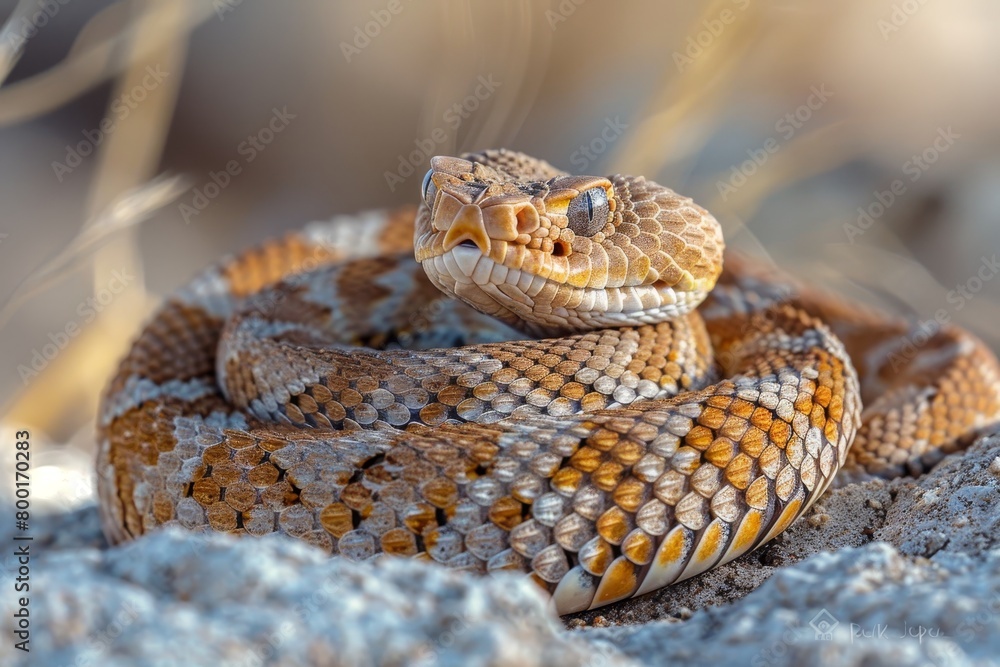 Obraz premium Western Diamondback Rattlesnake: Coiled in a defensive posture, rattling its tail, emphasizing danger. 