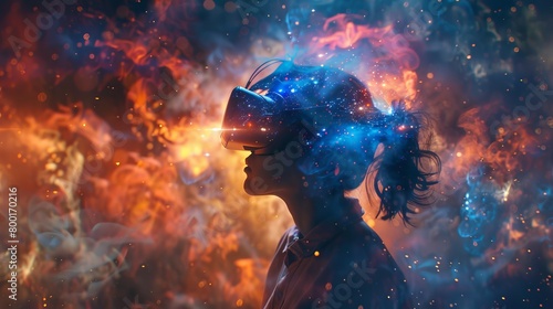 Dramatic shot of a person in a virtual reality setup, their mind merging with artificial intelligence