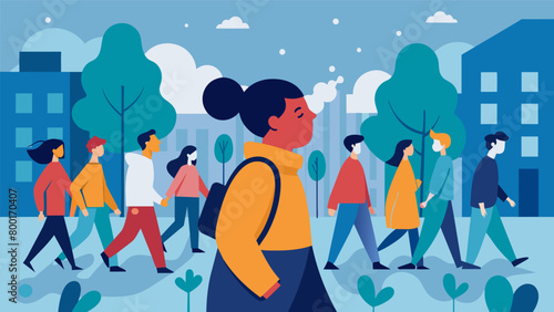 A person taking mindful breaths while navigating through a crowded sidewalk during rush hour..