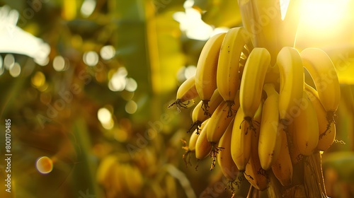 Ripe bananas hanging on tree at golden hour. Fresh tropical fruit in the sunlight. Organic produce concept, natural aesthetic. Agricultural bounty in a serene setting. AI photo